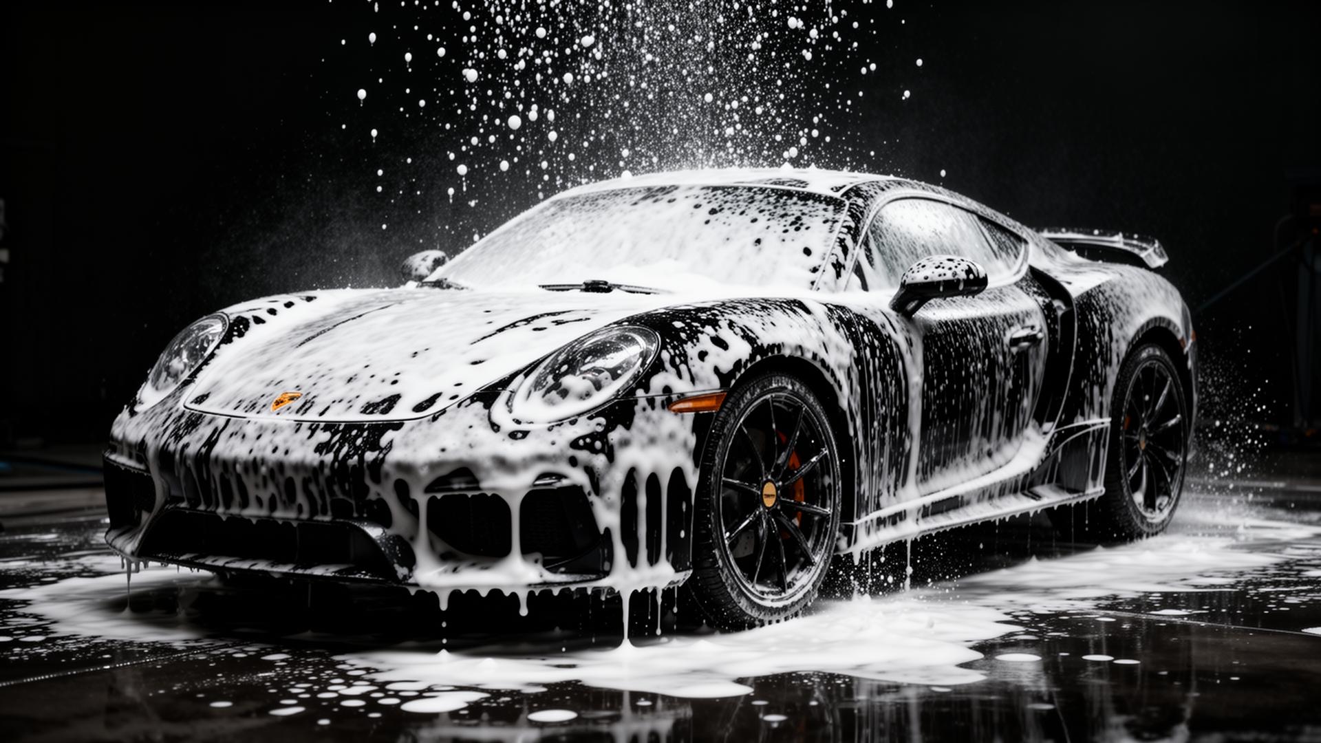 Luxury black sports car covered in snow foam